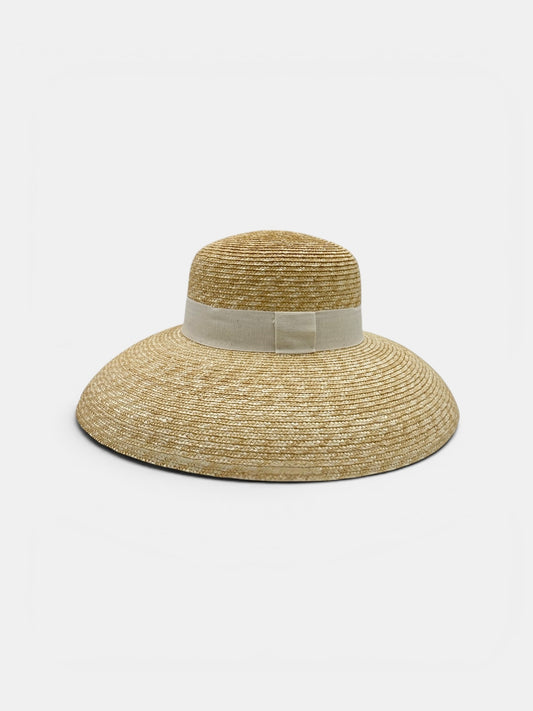 Cappello da donna Amione in treccia di paglia naturale con tesa spiovente da 13 cm e nastro gros-grain panna