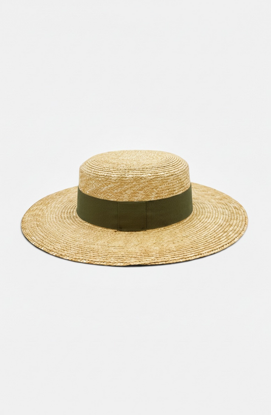 Cappello estivo da donna Gondola E a testa piatta con tesa dritta e nastro kaki