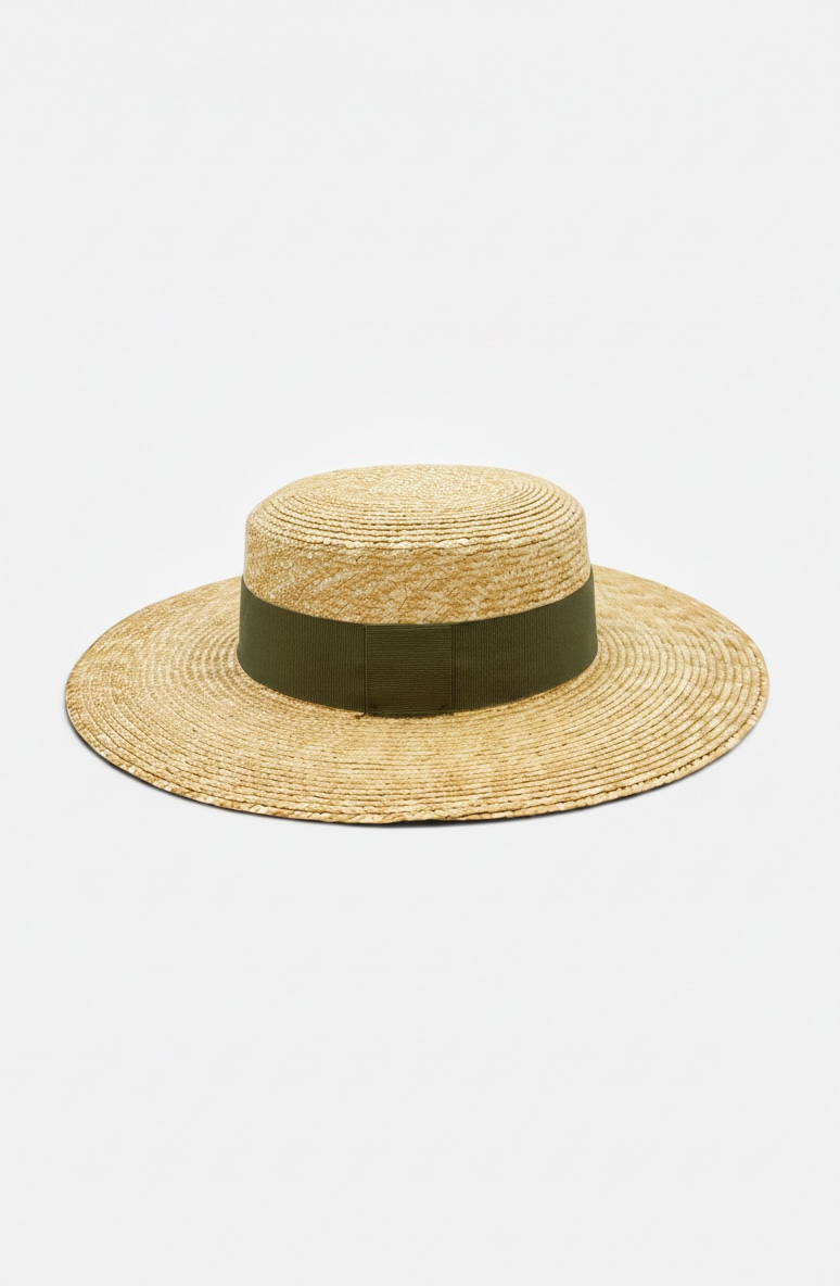Cappello estivo da donna Gondola E a testa piatta con tesa dritta e nastro kaki