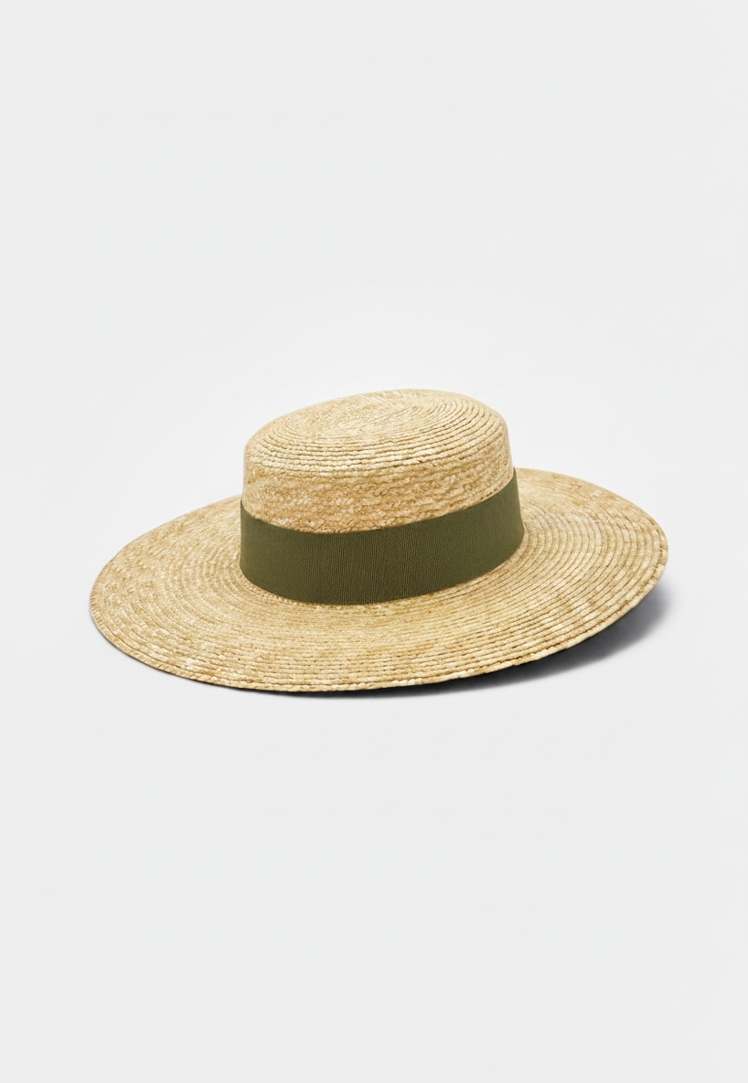 Cappello estivo da donna Gondola E a testa piatta con tesa dritta e nastro kaki