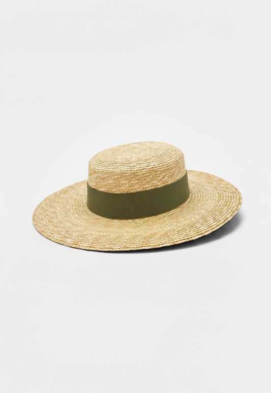 Cappello estivo da donna Gondola E a testa piatta con tesa dritta e nastro kaki