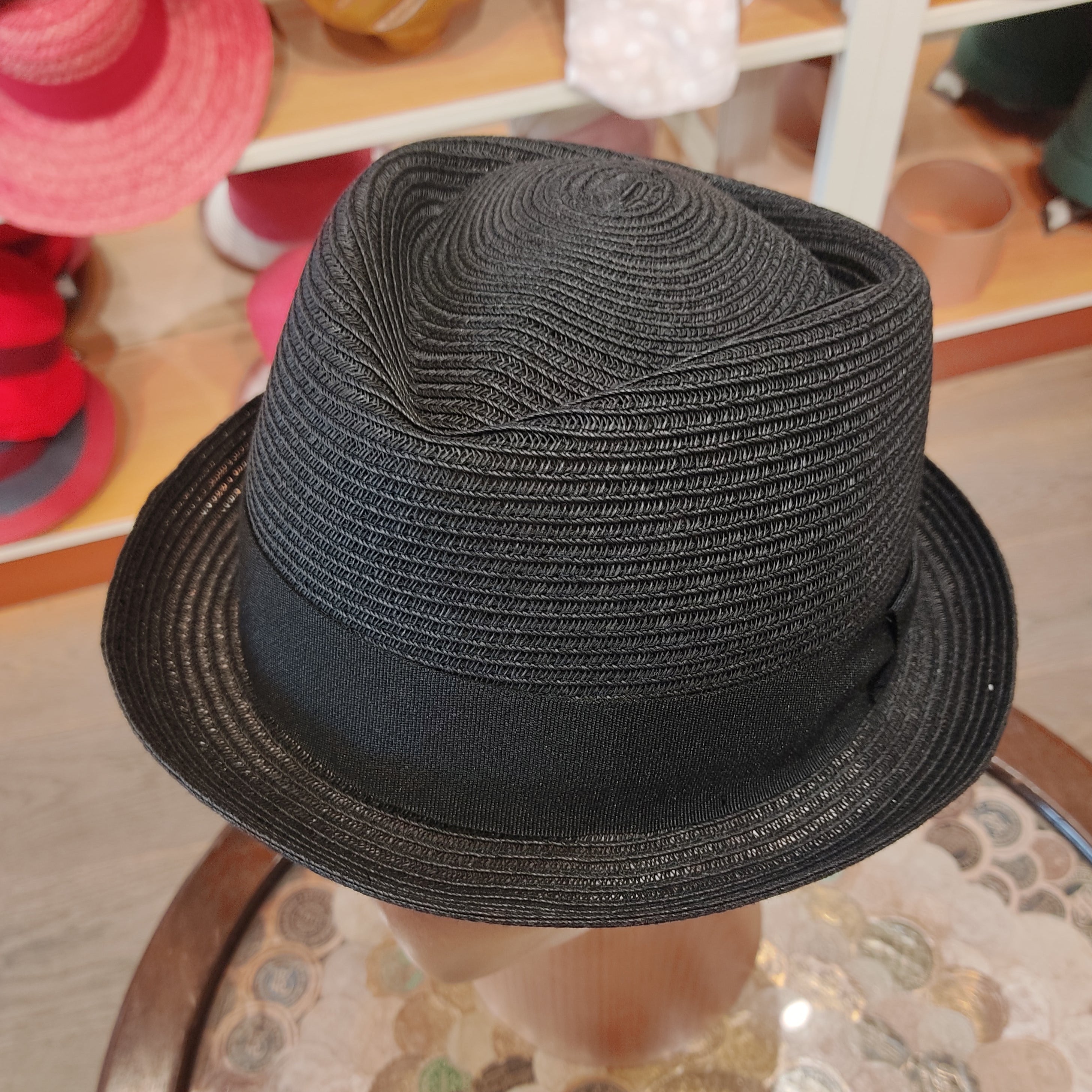 ZANDIS - Black newest Straw Pork Pie Hat, with Crochet Knit Band and Bead Chain